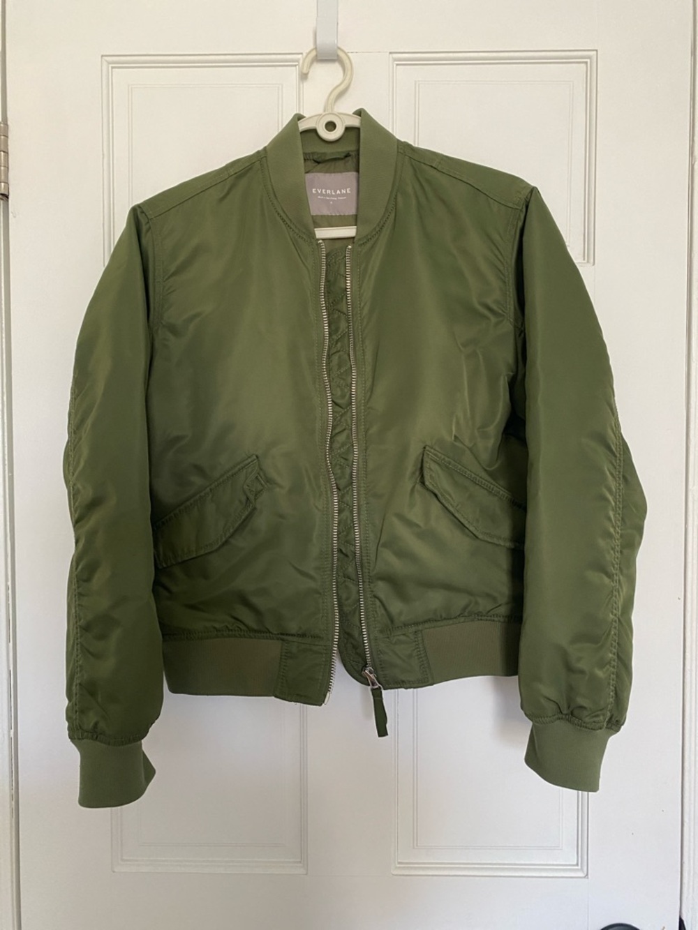Olive green Everlane bomber jacket